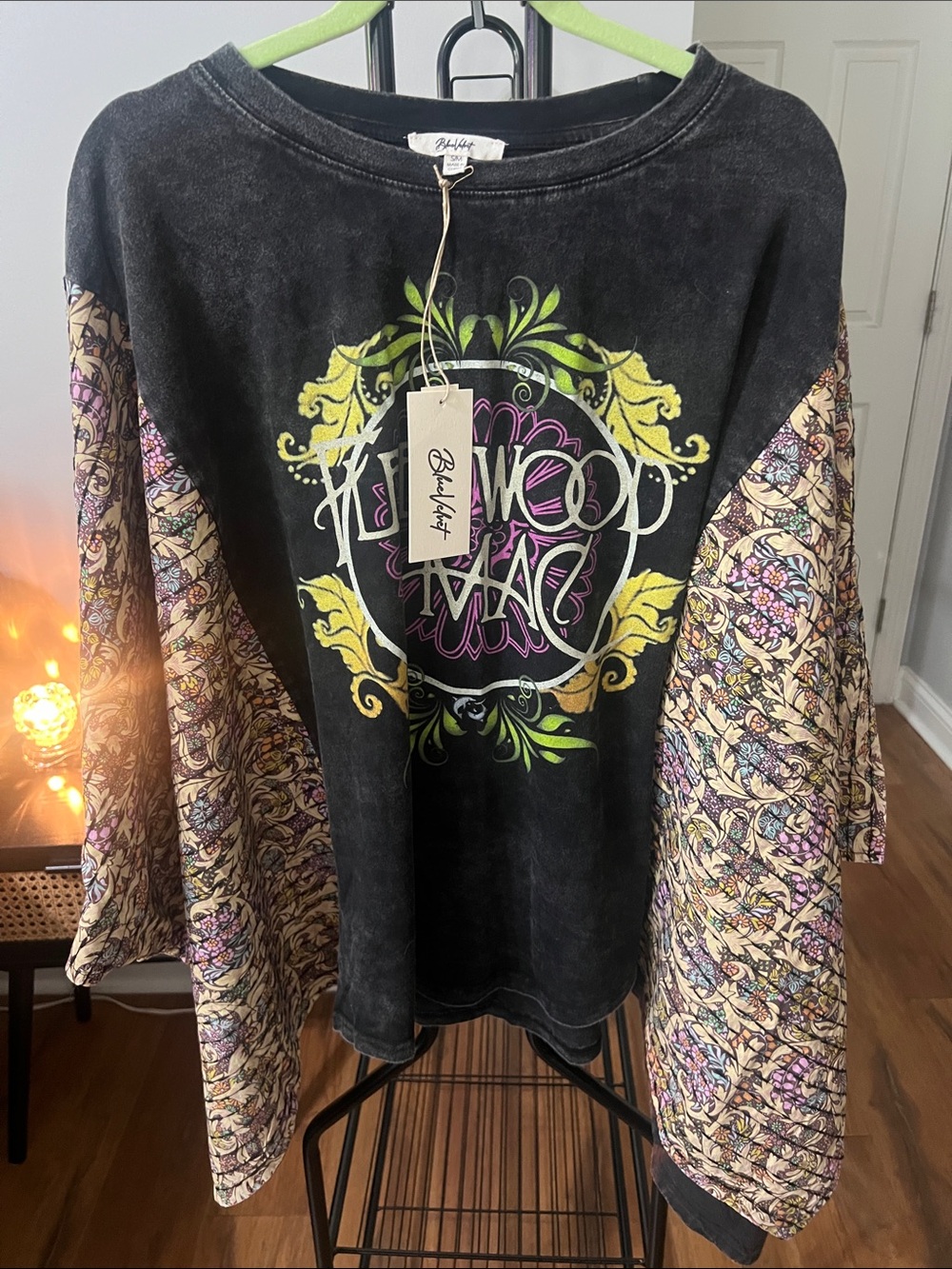 Blue Velvet Bohemian Graphic Fleetwood Mac shirt with Floral Print Sleeve